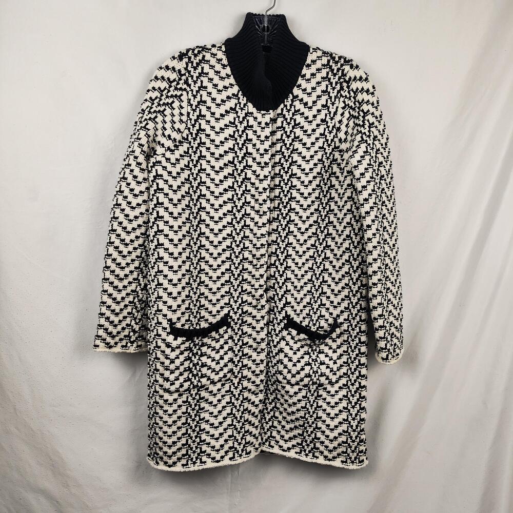 Foxcroft Sweater Tunic Womens Small White Black Turtleneck Pockets Chunky Knit